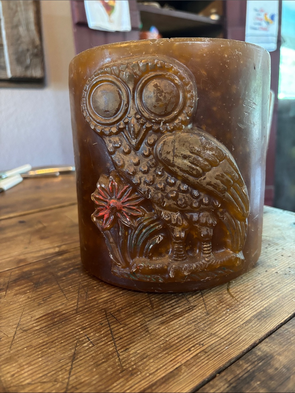 Decorative Owl Carved Brown Pillar Candle